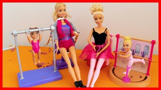 BARBIE the BALLET dancer and BARBIE the GYMNAST with their COACHES are giving a SHOW! doll playset