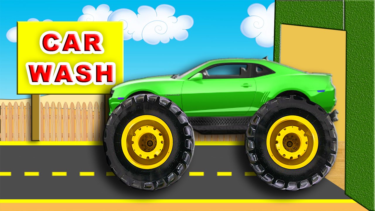 Monster Truck in Car Wash - GREEN TRUCK WASHING IN GARAGE 