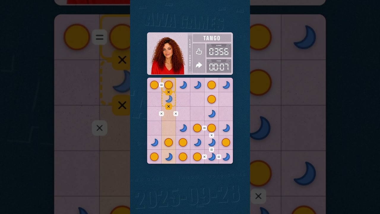 LinkedIn Tango #356 solved board for September 28, 2025, 6x6 grid