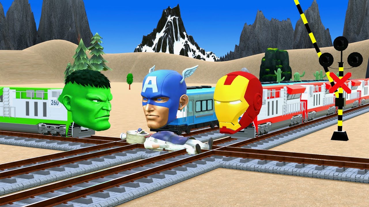 Hulktrain vs Irontrain vs captainamericatrain | railroad train crossing | Royal toons 