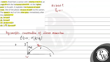 A shell is fired from a cannon with velocity \( v \) \( \mathrm{m} / \mathrm{s} \) at an angle \...