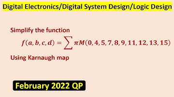 Simplify the function 𝒇(𝒂,𝒃,𝒄,𝒅)=∑𝝅𝑴(𝟎,𝟒,𝟓,𝟕,𝟖,𝟗,𝟏𝟏,𝟏𝟐,𝟏𝟑,𝟏𝟓) Using Karnaugh map