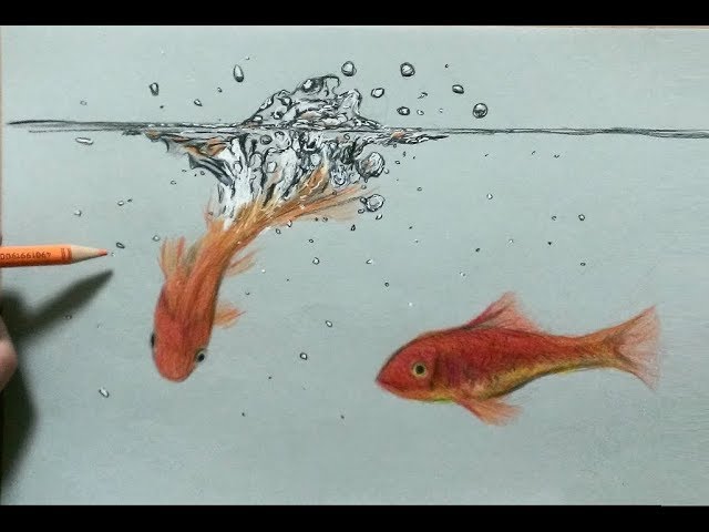 色鉛筆で金魚と水しぶきを描いてみた 水の描き方 Colored Pencil Drawing On Goldfish And Splashing Water Youtube