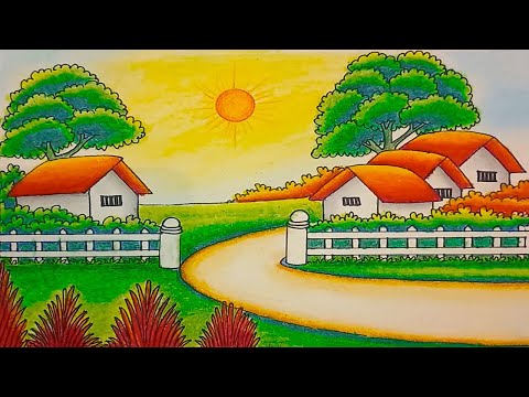 hill side village road scenery drawing | Oil pastel colours, Mountain  drawing, Drawings