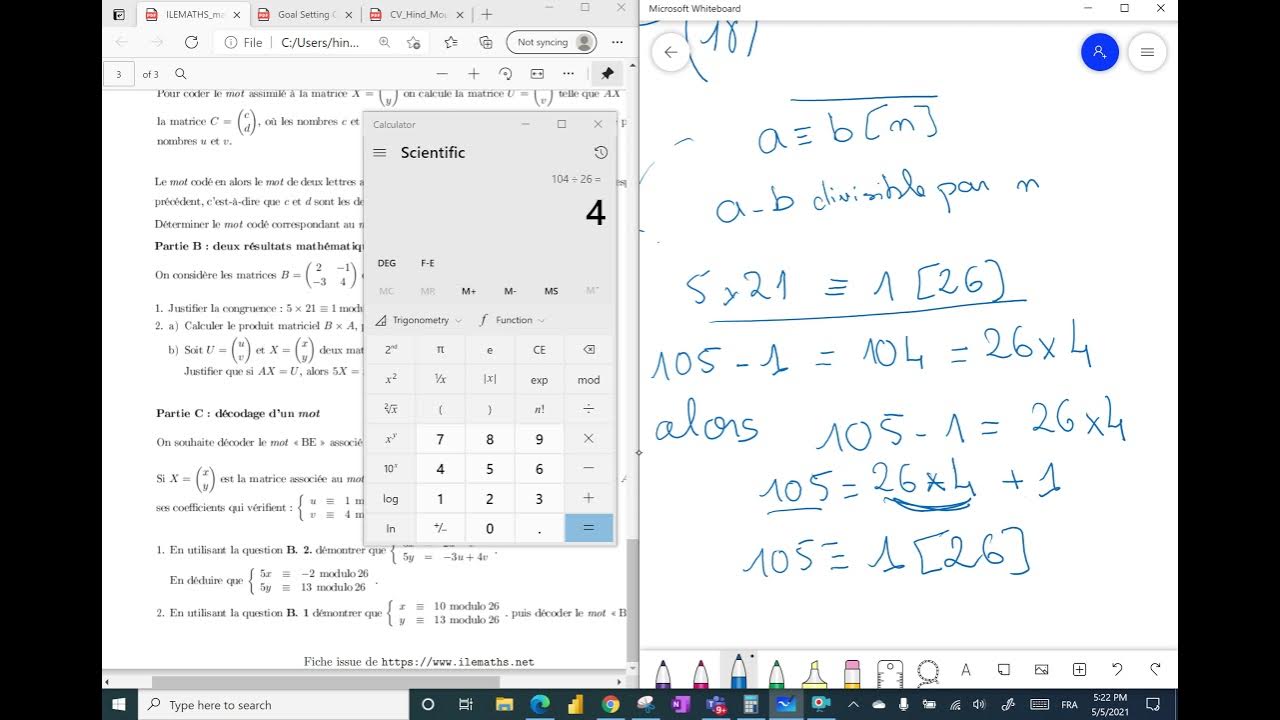 Correction BTS SIO : matrices+ Arithmétique modulaire(congruence) et ...