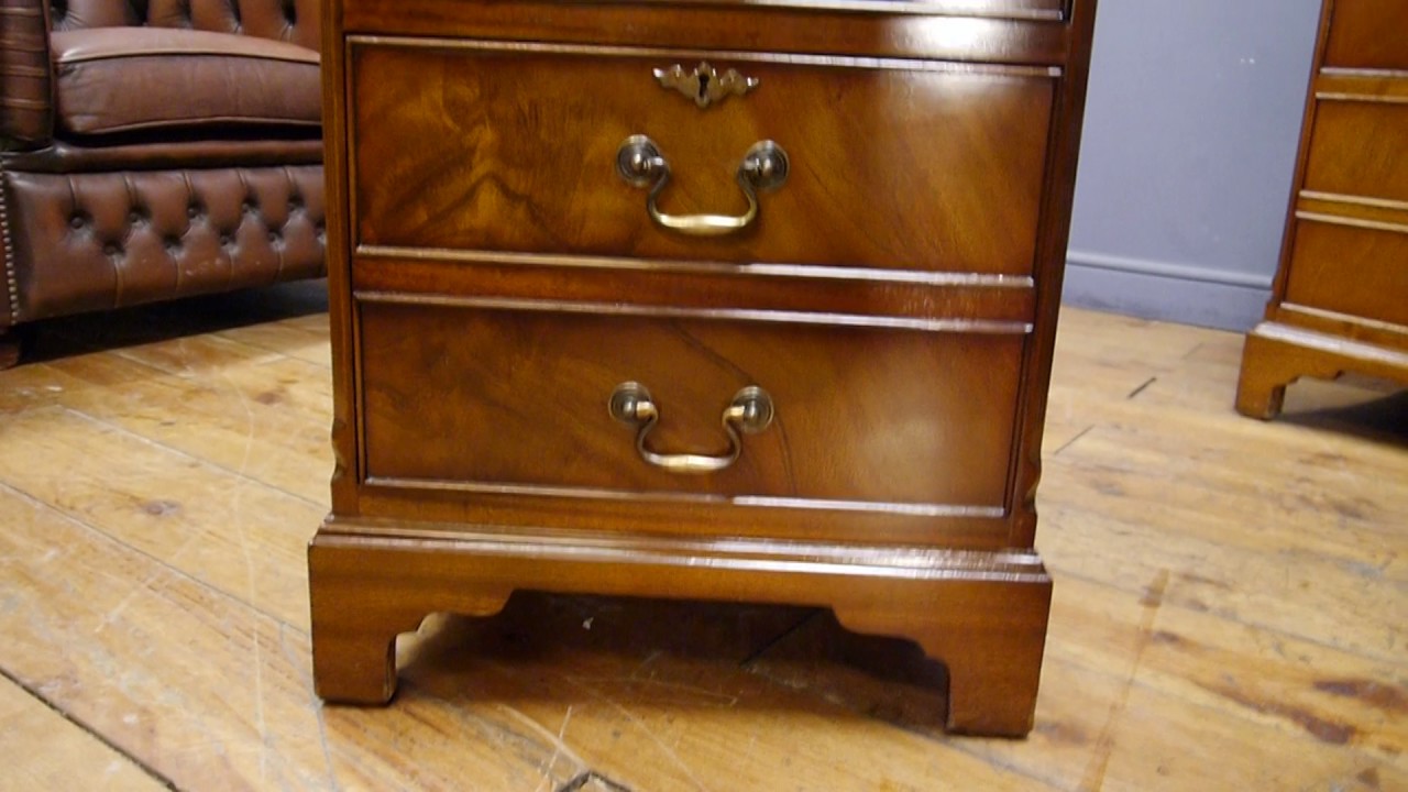 Antique Reproduction Mahogany Two Drawer Green Leather Top Wooden