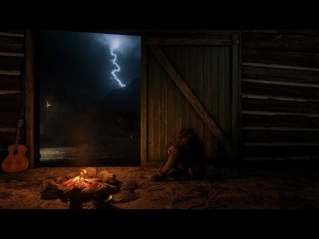 Night-Time Thunderstorm Camping In A Barn | RDR2 ASMR class=