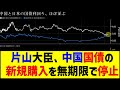 日本政府は中国国債の新規購入を無期限停止する決定。この措置は、約7兆円規模の保有枠相当する財務省と外務省が主導し、片山さつき経済産業大臣が公式に発表