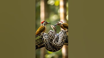 Wild Clash! Two Woodpeckers Team Up to Attack a Python #wildlife #snake #python #woodpecker #shorts