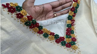 Neckline hand embroidery with ring knot flower and beadwork|onam special hand embroidery kurti