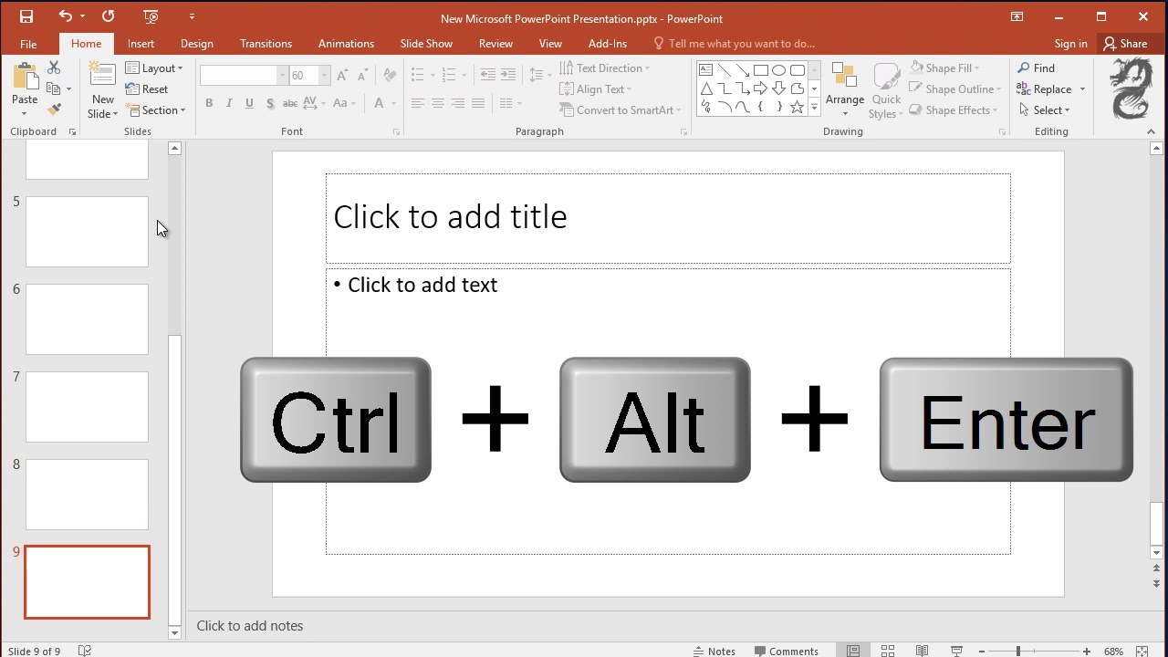 to create a new presentation choose shortcut key