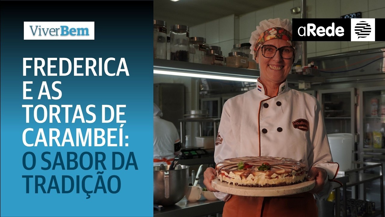 imagem de capa do youtube com frederica segurando uma torta com o fundo da produção do Frederica's. A capa ainda conta com o texto "FREDERICA E AS TORTAS DE CARAMBEÍ: O SABOR DA TRADIÇÃO