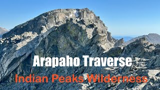 Arapaho Traverse and North Arapaho Peak, Indian Peaks Wilderness, Nederland, Colorado
North Arapaho Peak, elevation 13,513’, is the high point of Indian Peaks Wilderness and “One of the finest peaks in the Front Range” according to Gerry Roach. The most popular route to climb this peak is via neighboring South Arapaho Peak (an unranked 13er) by way of Fourth of July Trailhead. This is the second time I did this route and I enjoyed it as much as the first time. There is a nicely maintained trail up to S Arapaho. The traverse from S to N Arapaho is about 3/4 mile long and involves one short class 4 slab and a few solid class 3 sections. Route-finding is not difficult as there are painted arrows along the way but they can be a bit confusing at times. The view along the entire hike is what makes this one a true classic. I did it in mid-July, and wildflowers were near the peak. One also gets to enjoy waterfalls, views of Arapaho Glacier/Tarn and many peaks up/down the Front Range. Total stats: 10 miles with 3600’ elevation gain
Music:
Standing in the Sun, by Punch Deck
0:00 Climb S Arapaho Peak
04:26 Arapaho Traverse
09:22 Summit views and descent Arapaho Traverse and North Arapaho Peak, Indian Peaks Wilderness, Nederland, Colorado