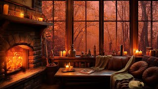 Cozy Autumn Hut Ambience with Cats - Gentle Rain and Crackling Fire Sounds for Sleep, Relax