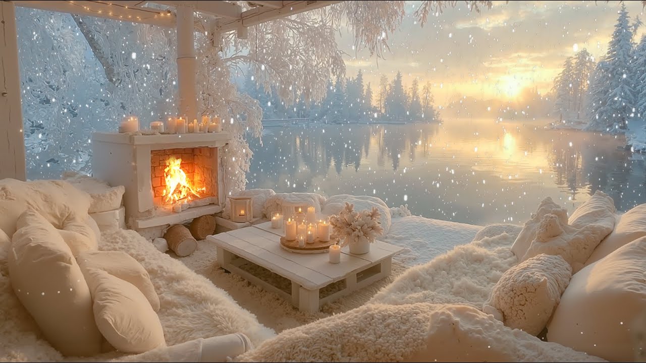 Winter Lakeside Cabin Retreat ⛄ Soothing Piano, Fireplace & Calm Snowy Ambience