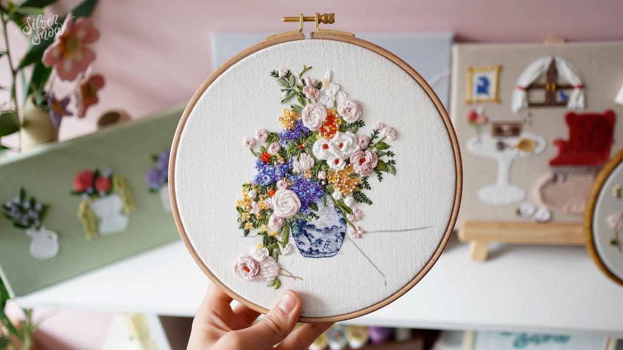 SUB] 입체적인 봄꽃, 르누아르 봄화병 명화자수 2편 💐 'Renoir, Spring Bouquet’ Hand Embroidery