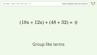 Linear equation with one unknown: Solve 6(3x+8)+32+12x=0 step-by-step solution