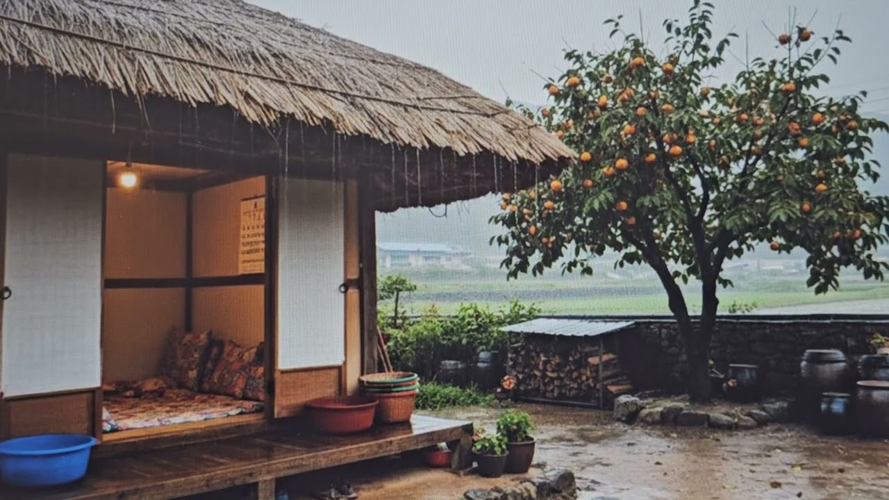 시골 초갓집 장독대 옆에 과일향기 마루에는 아련하 불빛이 정겨움 완전 충분해요 