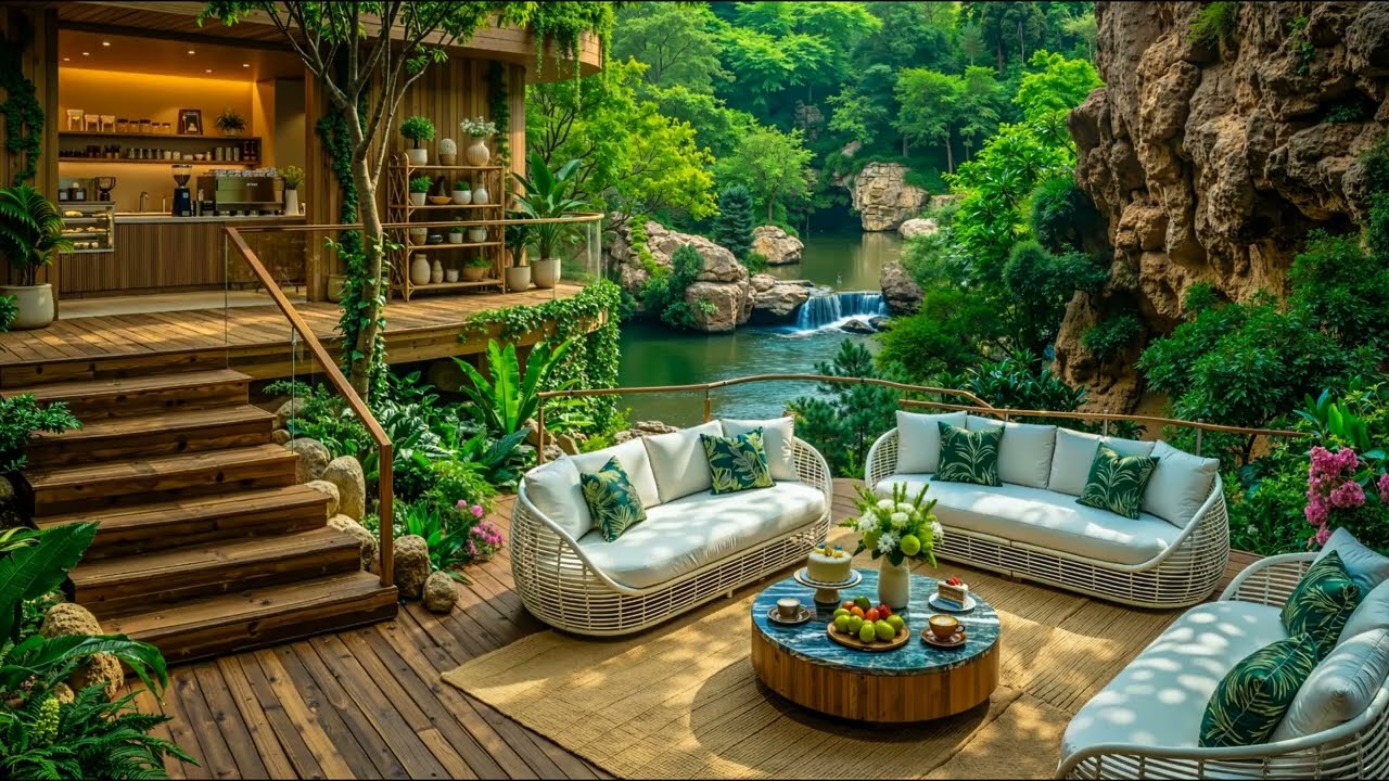 Relaxing Outdoor Coffee Jazz by the Forest Waterfall 🌿 Summer