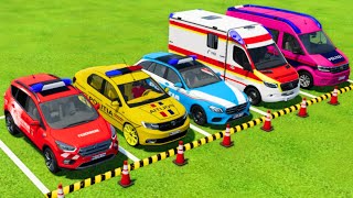 TRANSPORTING ALL POLICE CARS & AMBULANCE EMERGENCY VEHICLES WITH TRUCKS ! Farming Simulator 22