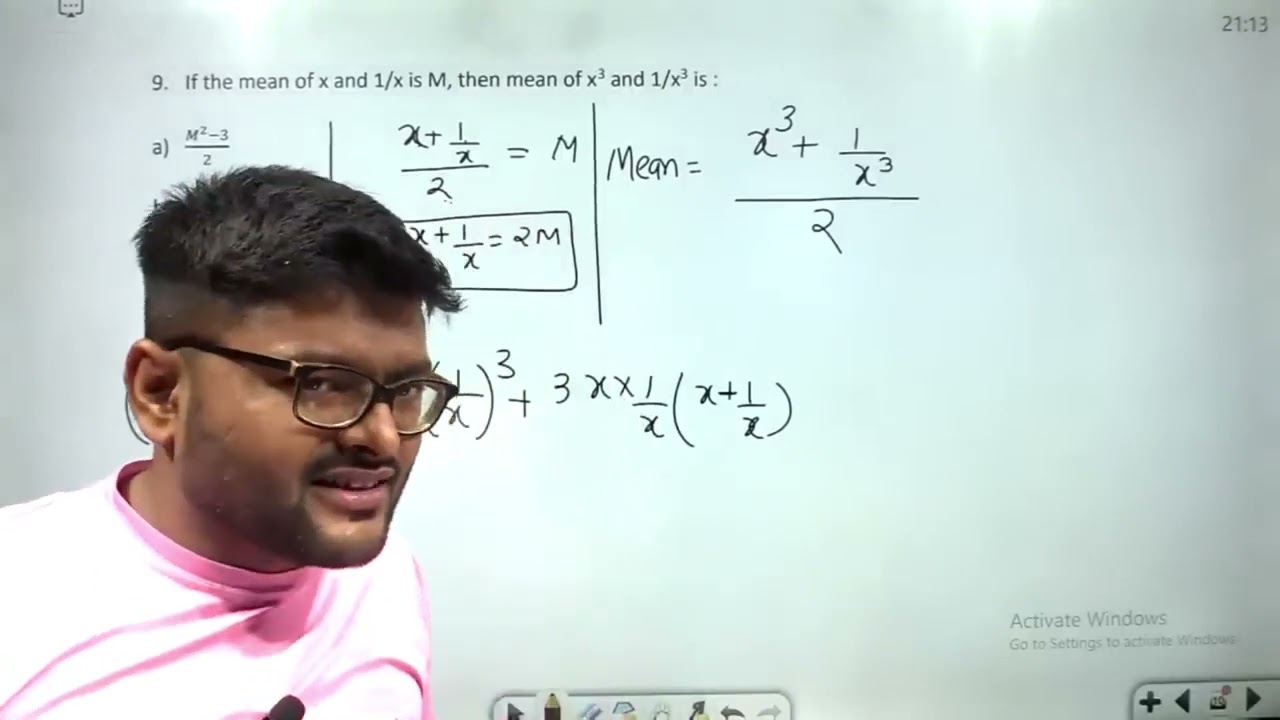 If the mean of x and 1/x is M, then mean of x3 and 1/x3 is : (M^2-3)/2 M(4M^2-3) M^3 M^3+3