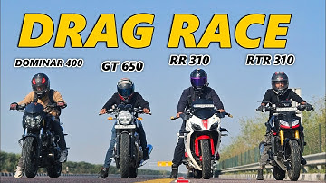 2025 TVS Apache RR310 Vs RTR 310 Vs Royal Enfield GT650 Vs Bajaj Dominar Quad Drag Race