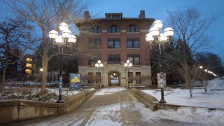 Ann Arbor Walk - 4K 60FPS - University of Michigan - Central Campus Tour - Snowy Sunrise - 3D Audio