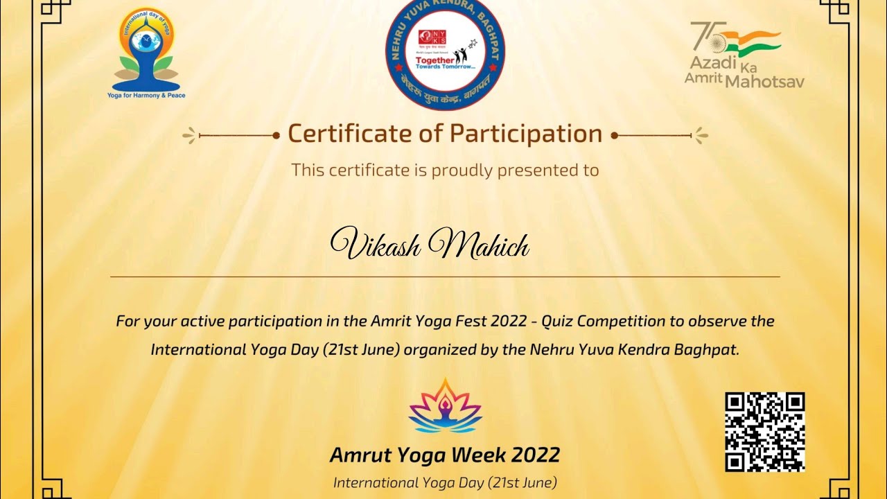 Yoga Certificate eQuiz . free Certificate. Nehru Yuva Kendra, Baghpat ...