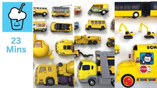 Yellow vehicles car vehicles collection  tomica lego siku double decker bus tow truck snowmobile