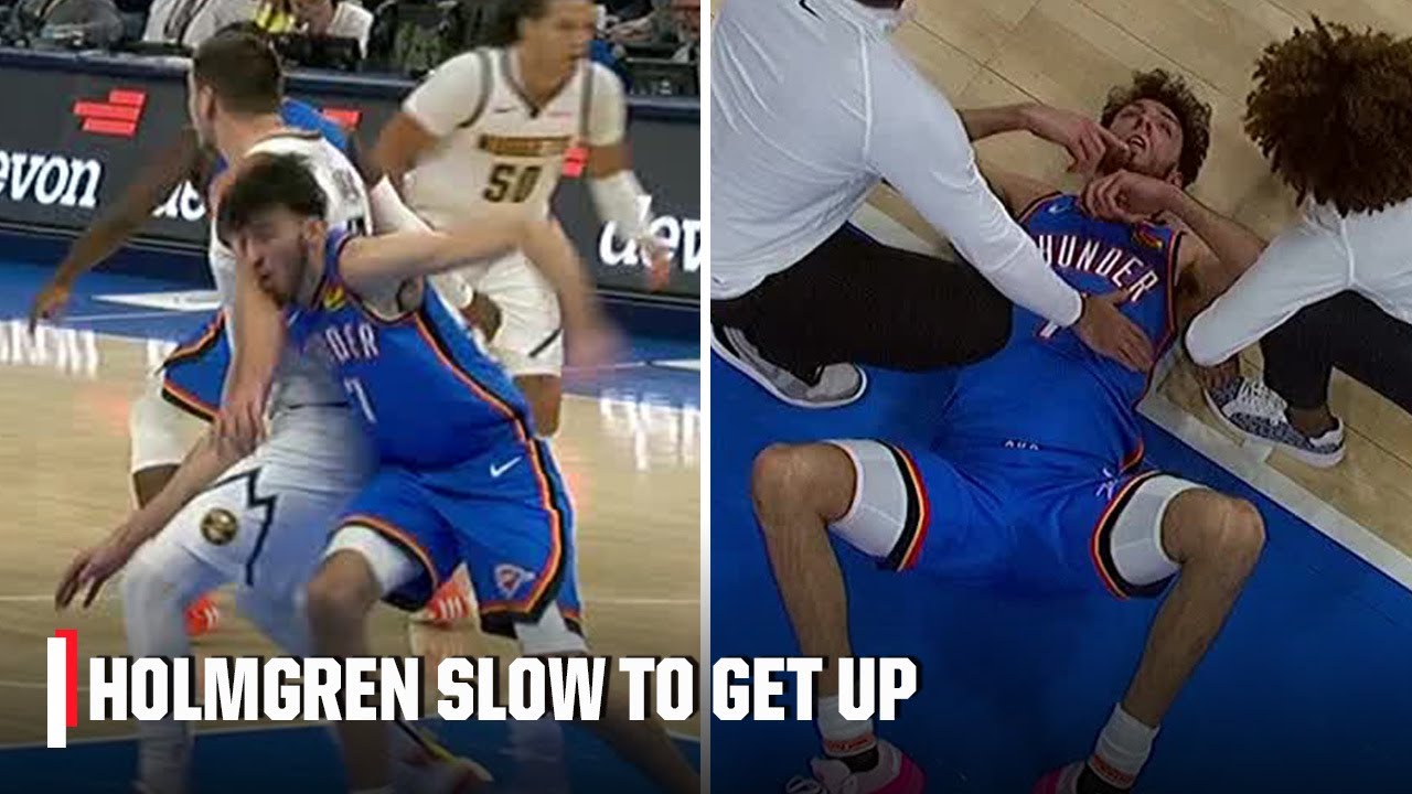 Chet Holmgren slow to get up after offensive foul from Nikola Jokic