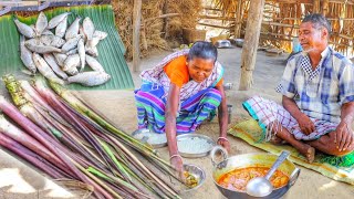 small fish curry with kochu Shak cooking &amp; eating by our santali tribe grandma || fish curry
