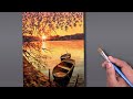 How I painted tree leaves in sunset landscape | Time lapse