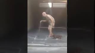 Old Man Walk Together With Good Dog