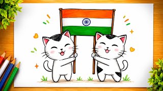 How to Draw Cute Cats Holding the Indian Flag |🇮🇳  Independence Day Art 