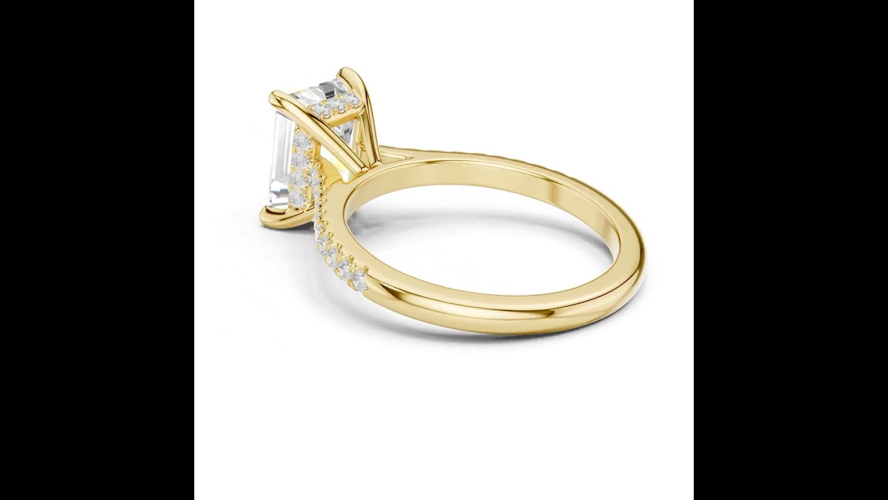 Emerald Cut Hidden Halo and Pave Band Engagement Ring