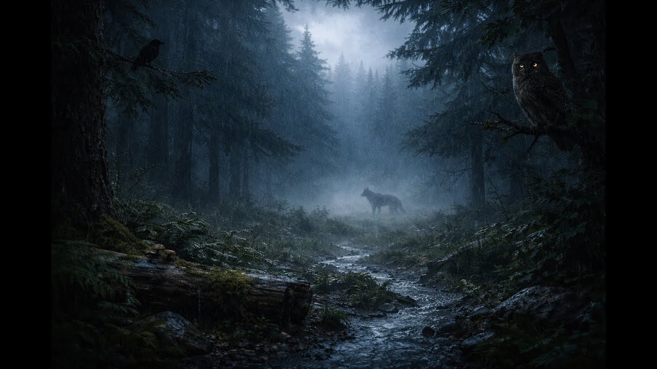Forêt Nocturne d’Europe • 7H • Pluie, Vent & Tonnerre • Loup, Hibou, Corbeau | Ambiance Nature
