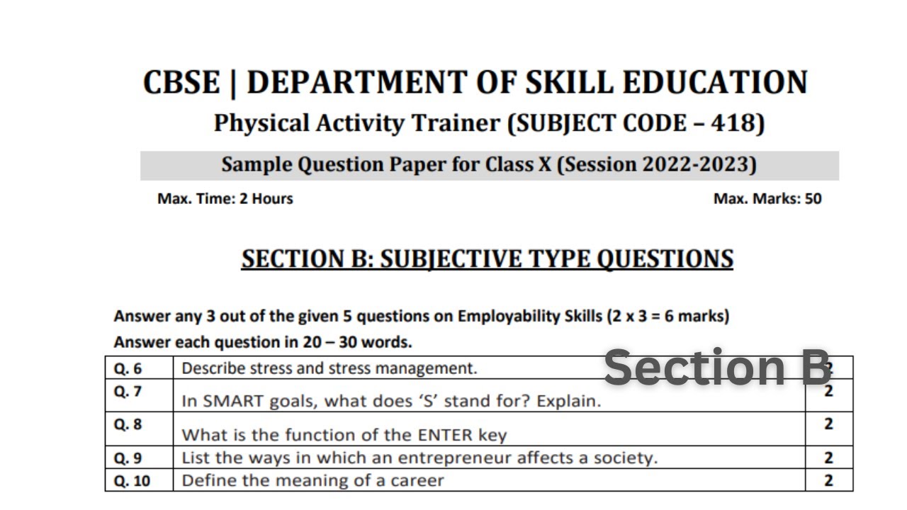 physical activity trainer class 10 sample paper 202223 Section B YouTube
