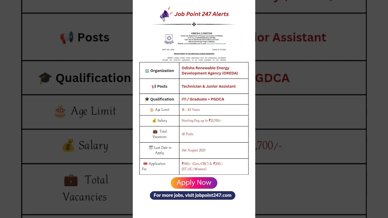 OREDA Recruitment 2025 - Apply Online for 38 Technician & Jr Assistant Posts