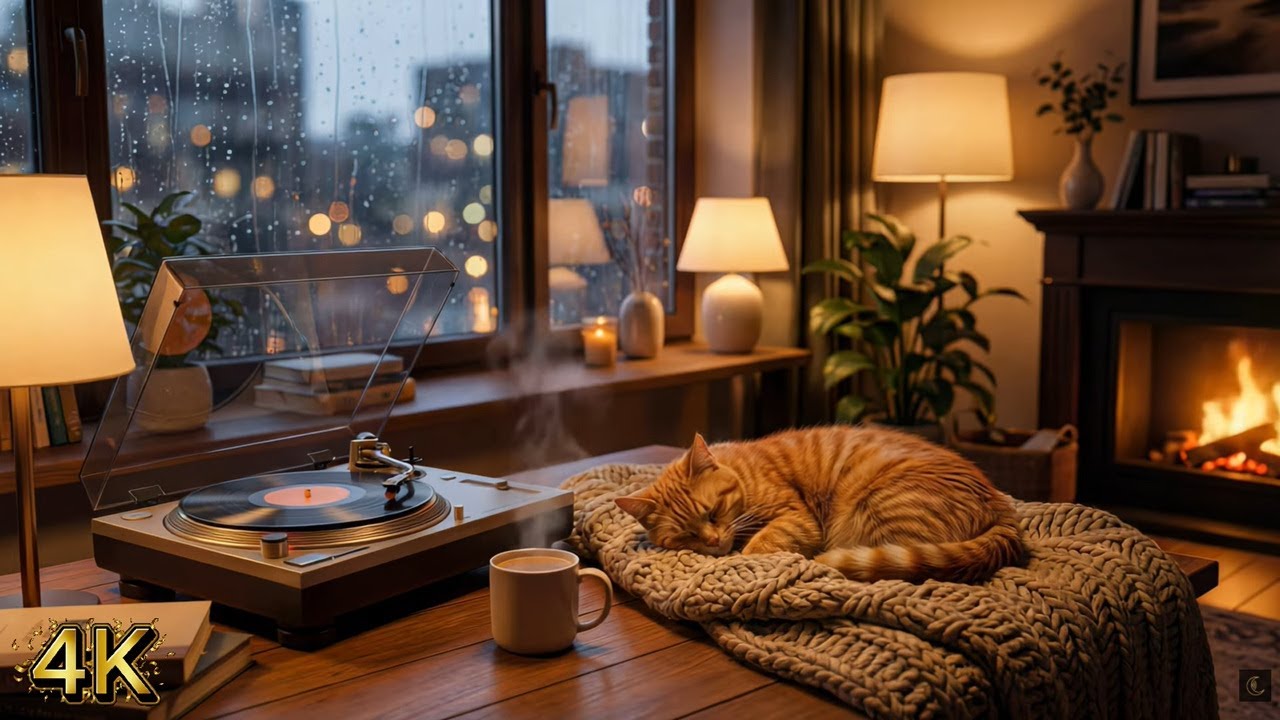3 Hour Cozy Rainy Jazz in 4K • Fireplace, Sleeping Cat, Vinyl Crackle Ambience for Relax & Study