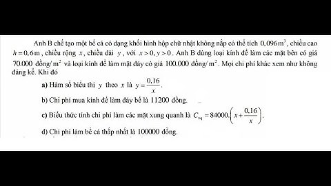 Toán 12: Anh B chế tạo một bể cá có dạng khối hình hộp chữ nhật không nắp có thể tích 0,096 m^3