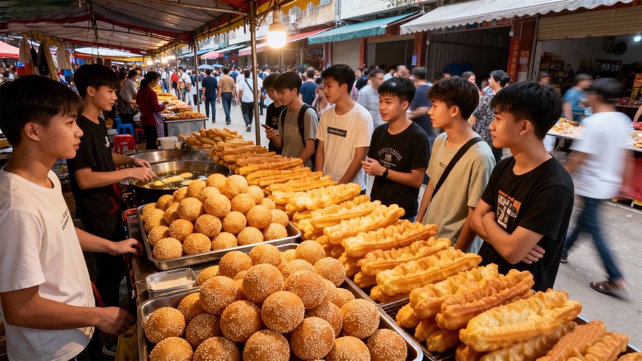 中国广西超级热闹的大早市，桂林米粉超级便宜、抽屉肠粉大受欢迎、盐焗鸡与白切鸡、炭烤猪肉脯、裹满芝麻的麻圆、香甜酥脆的南瓜饼、恭城油茶、松糕、蛋饺、锅烧、乾隆铁板鸭、松花糖、现场制作花生糖，令人惊叹！