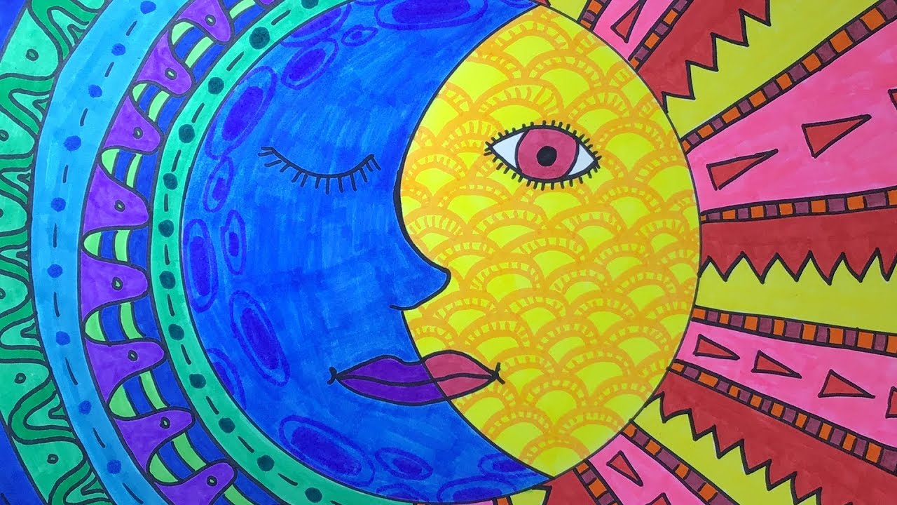 Mexican Sun And Moon Drawing A Study Of Warm And Cool Colors Organic And Geometric Patterns Youtube