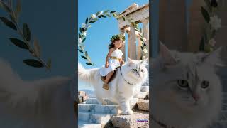 Famous Fairytale Greek Girl Riding a Giant Turkish Angora Cat | Parthenon Fantasy Scene Profile