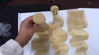 Aliexpress Ali coco Brazilian Body Wave  #613 Blonde Lace Closure with 3 Bundles 100% Human Hair Wea
