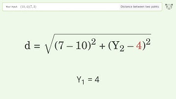 Find the distance between two points p1 (10,4) and p2 (7,3): Step-by-Step Video Solution
