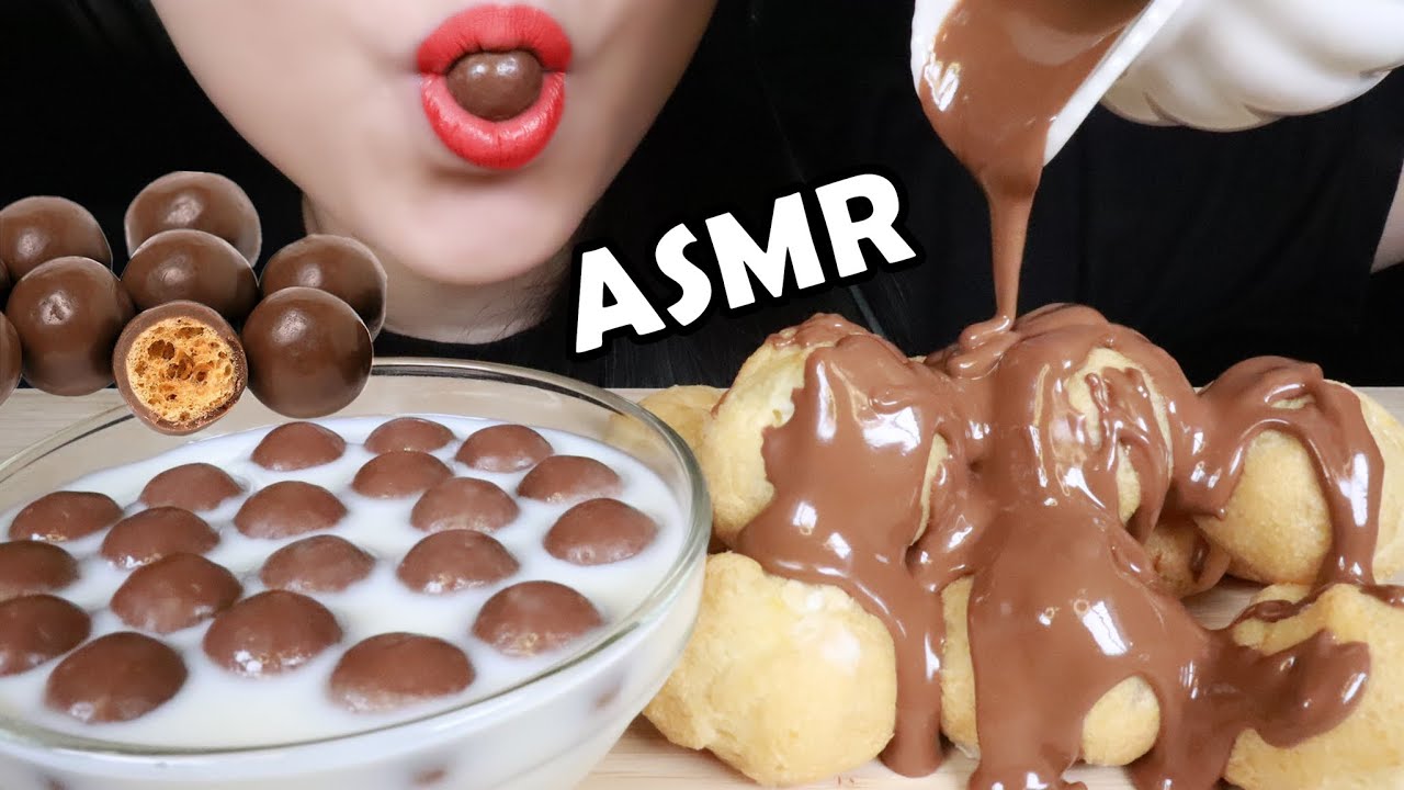 ASMR EATING SOUNDS PROFITEROLES + MALTESERS CHOCOLATE BALLS & MILK モルティージャスチョコレート 몰티져스 초콜릿 먹방 咀嚼音