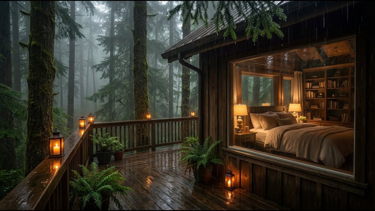 Sleep Fast Rain Sounds & Piano at Glowing Cabin Porch for Healing Exhausted Minds 🌙📚