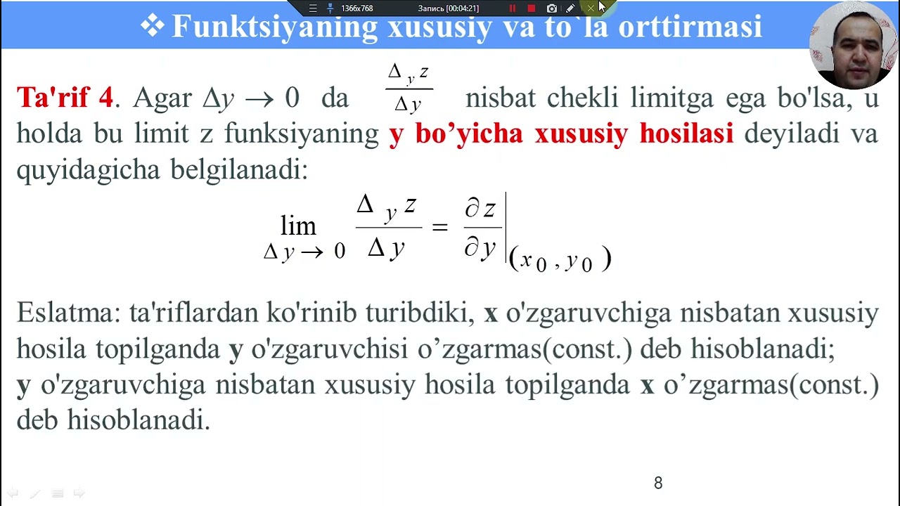 3 Ma'ruza. Ko‘p o‘zgaruvchili funksiya. Xususiy hosilalar, to‘la differensial.