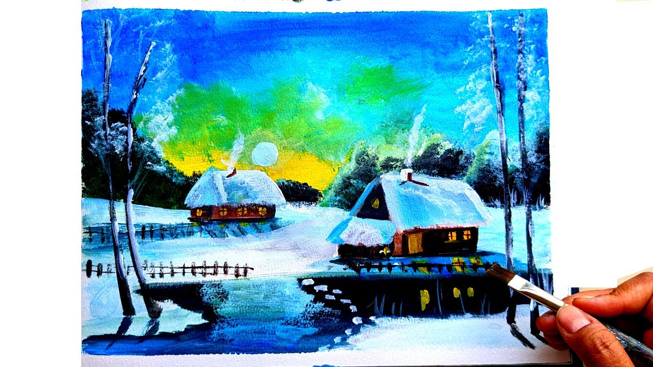 Winter Sunset in countryside | Acrylic Landscape Painting for beginners