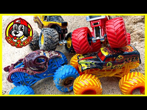 Monster Jam Toy Trucks - Surprise ALIEN Eggs | 4 Elements Race (Fire & Ice Grave Digger, OCTON8ER)